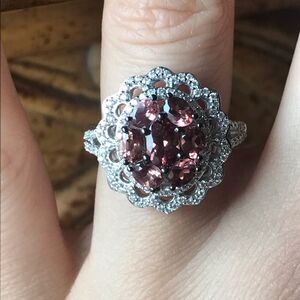 Natural Pink Garnet Moissanite Sterling Silver Cocktail Ring Size 6